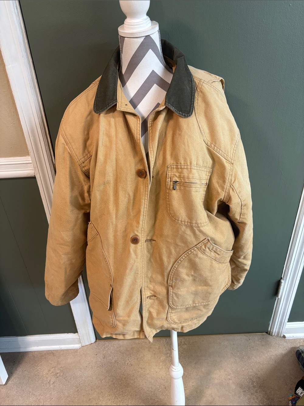 L.L. Bean Tan Duck Canvas Jacket with Dark Green Collar